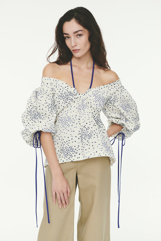 Tie Neck Top - Blue Raindrops on Roses