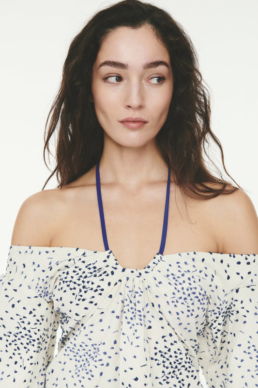 Tie Neck Top - Blue Raindrops on Roses