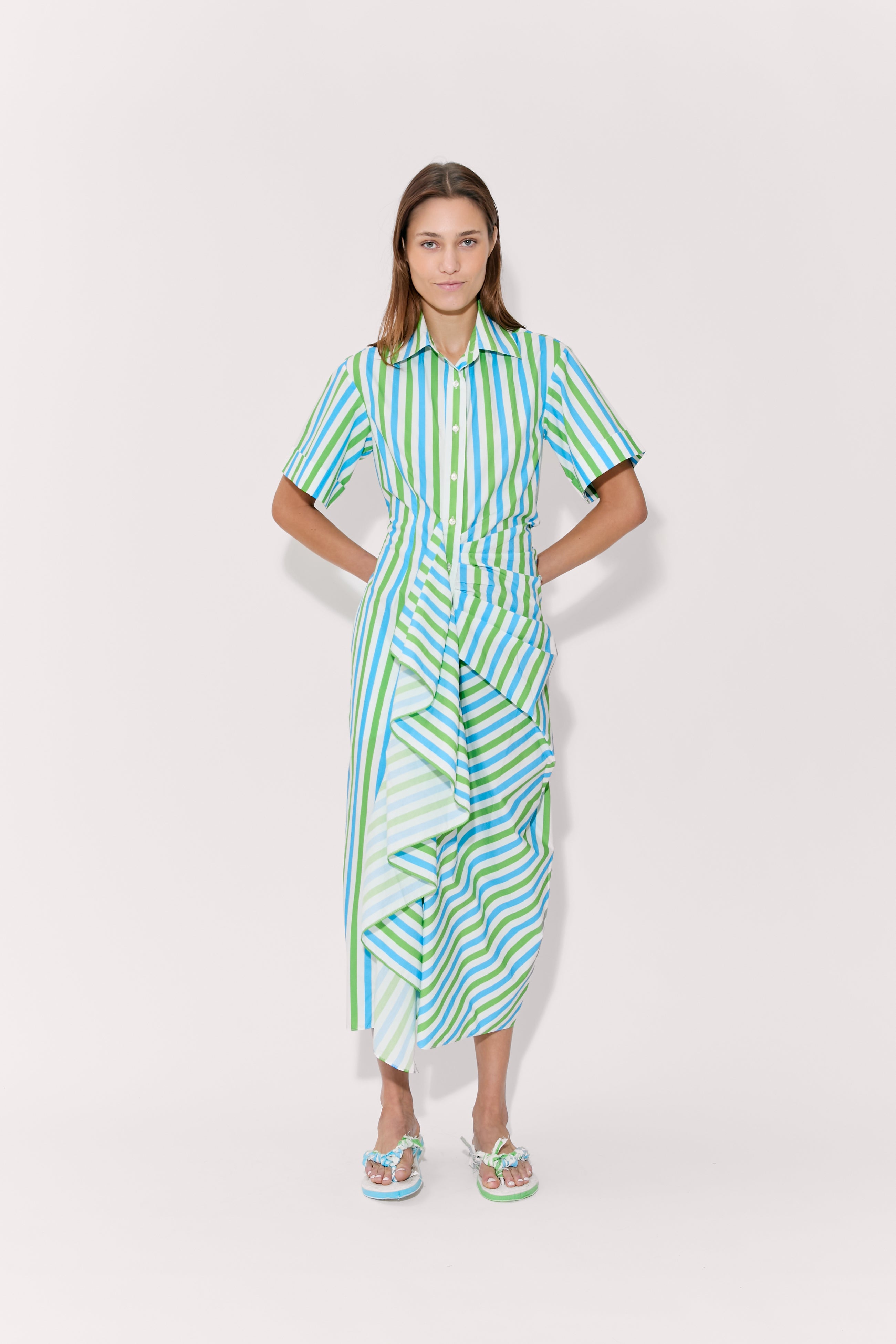 Rosie Assoulin Women's Gathered Ruffle Shirt Dress, Blue/Green Stripe, Cotton | Size: 8 | St. Bernard Rosie Assoulin Women's Gathered Ruffle Shirt Dress, Blue/Green Stripe, Cotton | Size: 8 | St. Bernard