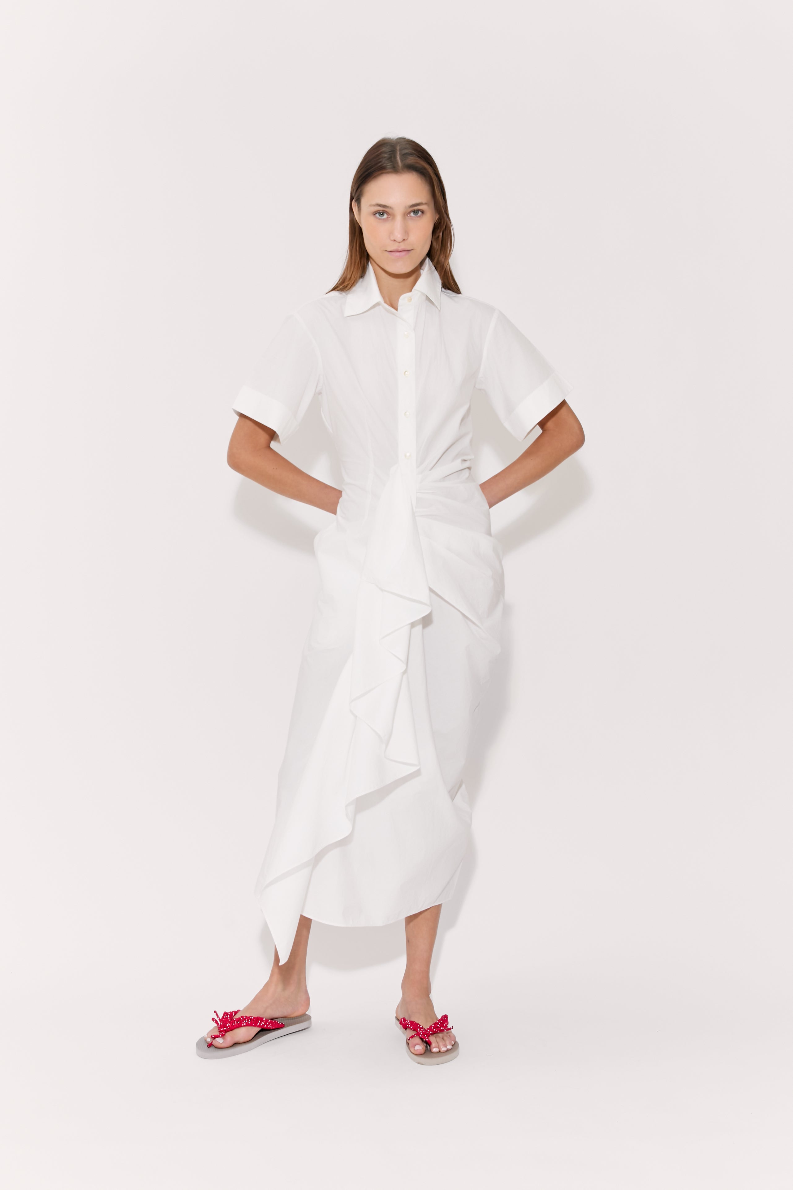 Gathered Ruffle Shirt Dress in Cotton Poplin White / 6