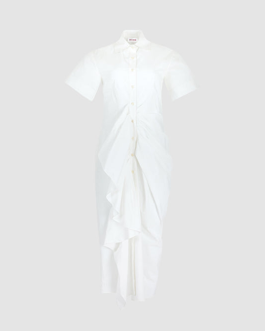 Gathered Ruffle Shirt Dress in Cotton Poplin