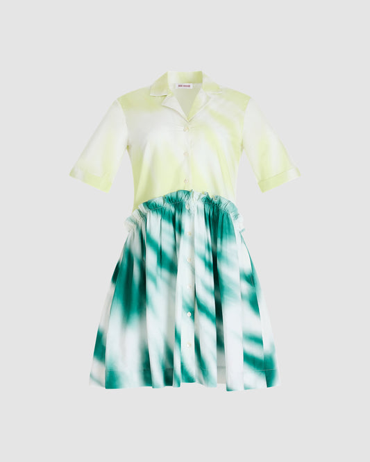 Mini Gathered Shirtdress in Tie-Dye Cotton Poplin