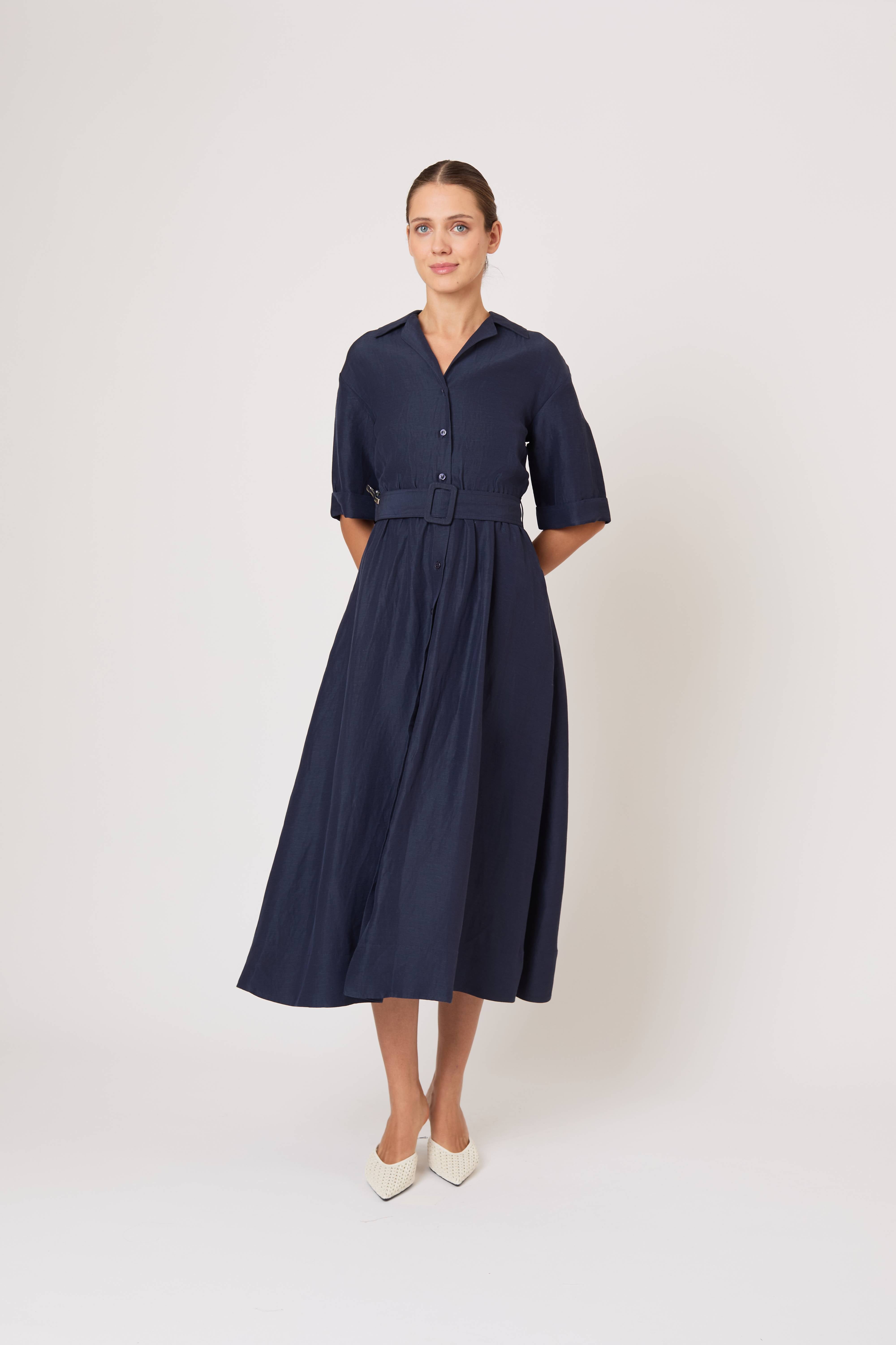 Jane Shirt Dress in Linen Viscose Navy / 10 Jane Shirt Dress in Linen Viscose Navy / 10