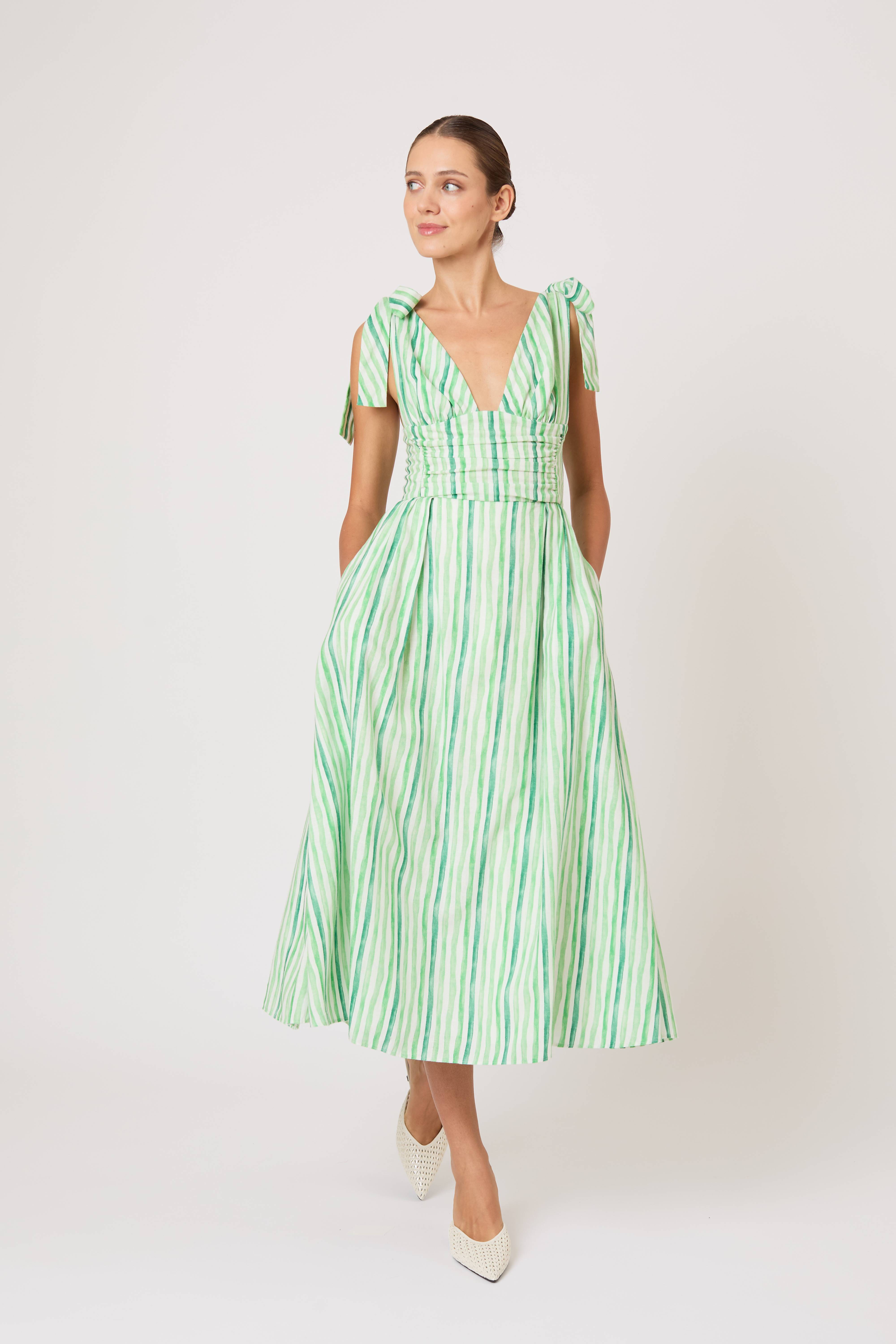 slim fit dress slacks Bow Shoulder Dress in Watercolor Stripe Linen Green / 0
