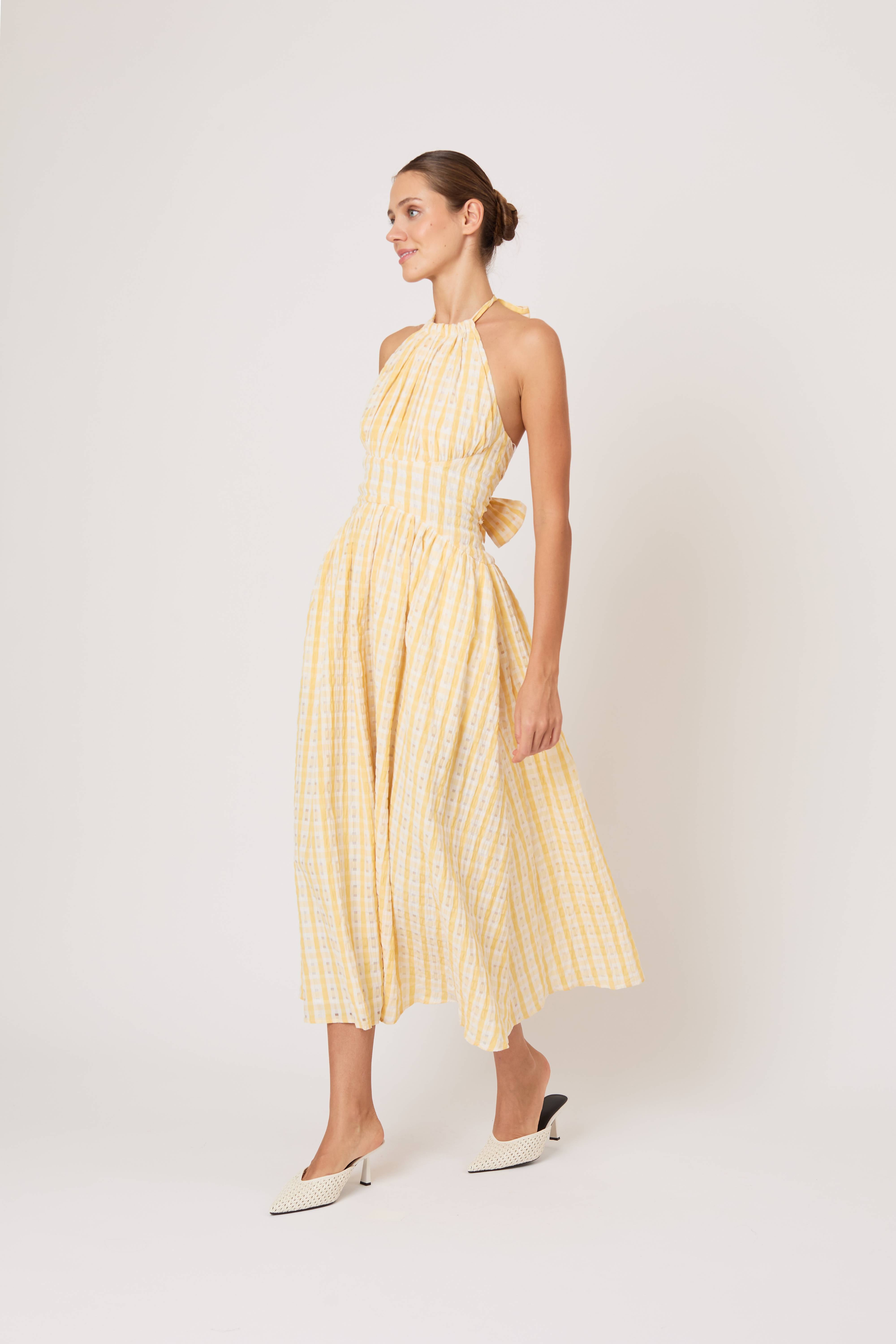 rosie assoulin halter dress Rosie Assoulin // Blue & Multicolour Silk Striped Halter Dress VSP Consignment