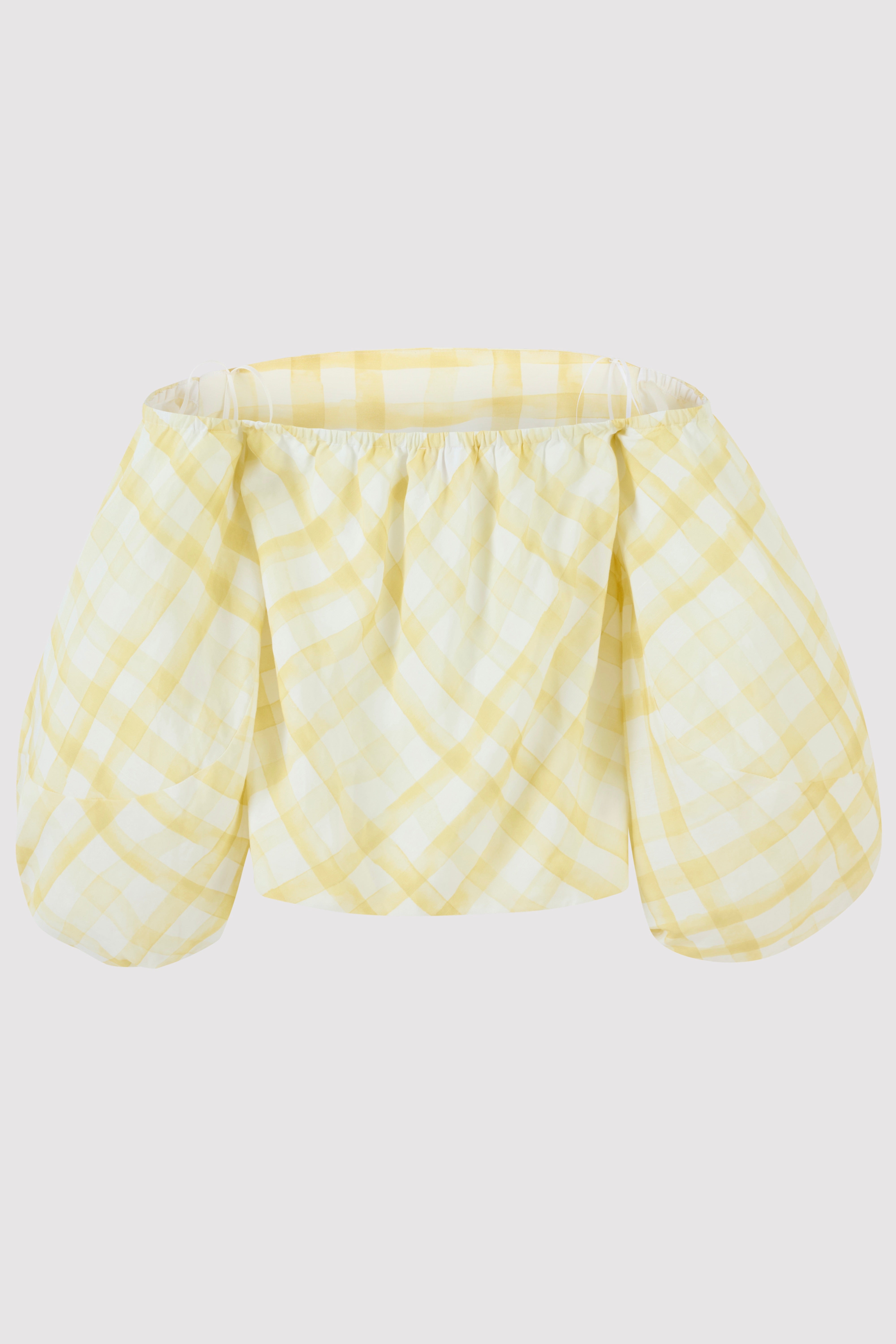 トップス roughlow Balloon Blouse Balloon Sleeve Top in Watercolor Gingham on Lyocell Linen – Rosie