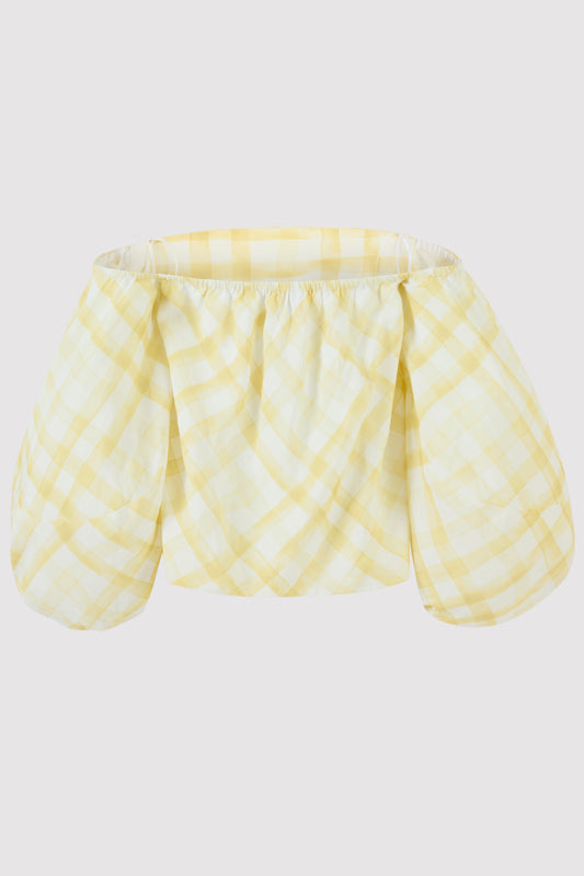 Balloon Sleeve Top in Watercolor Gingham on Lyocell Linen