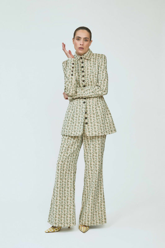 Paneled & Piped Flare Pant in English Floral Jacquard