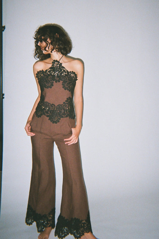 Lace Paneled and Piped Flare Pant  in Linen