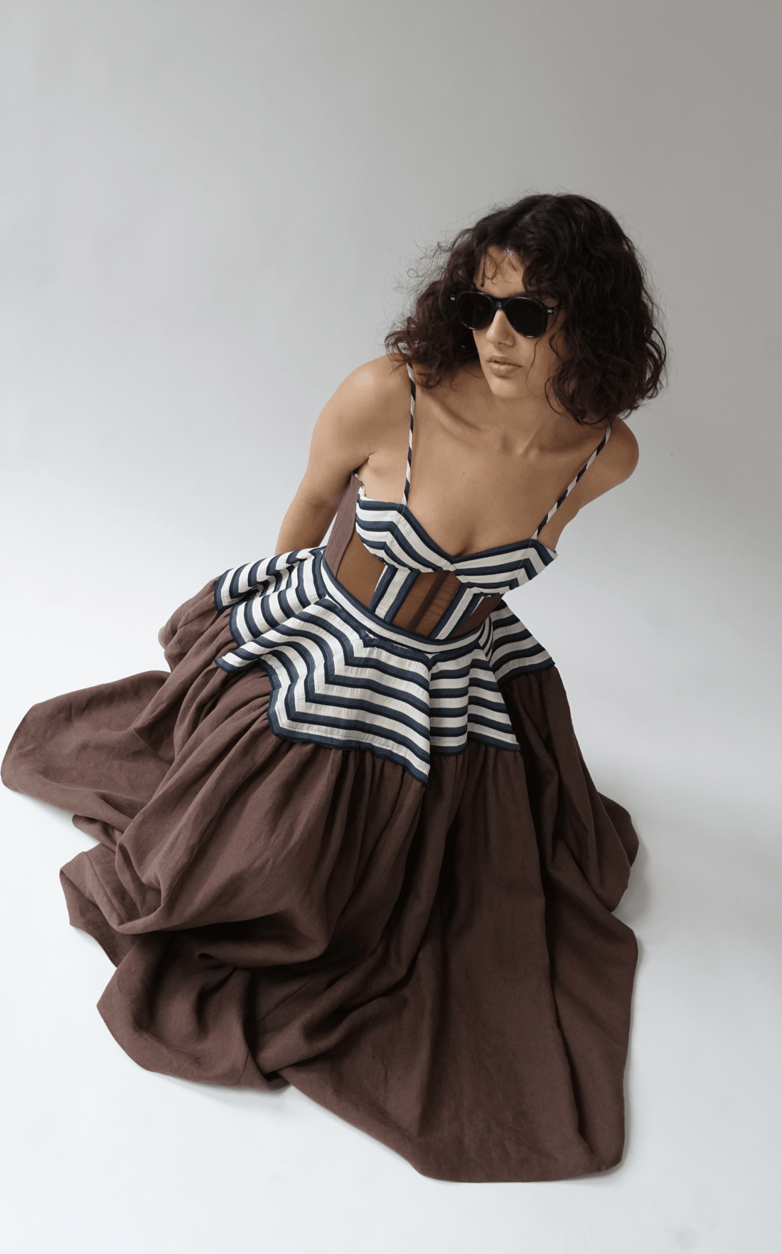 rosie assoulin brown dress Rosie Assoulin Golden Afternoon Striped Linen Midi Dress in Brown