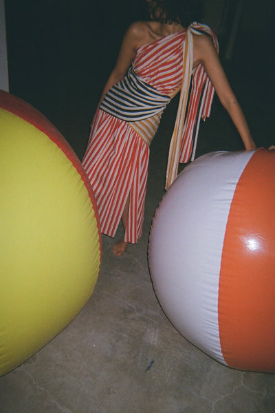 One Shoulder Accordion Dress in Vintage Stripes
