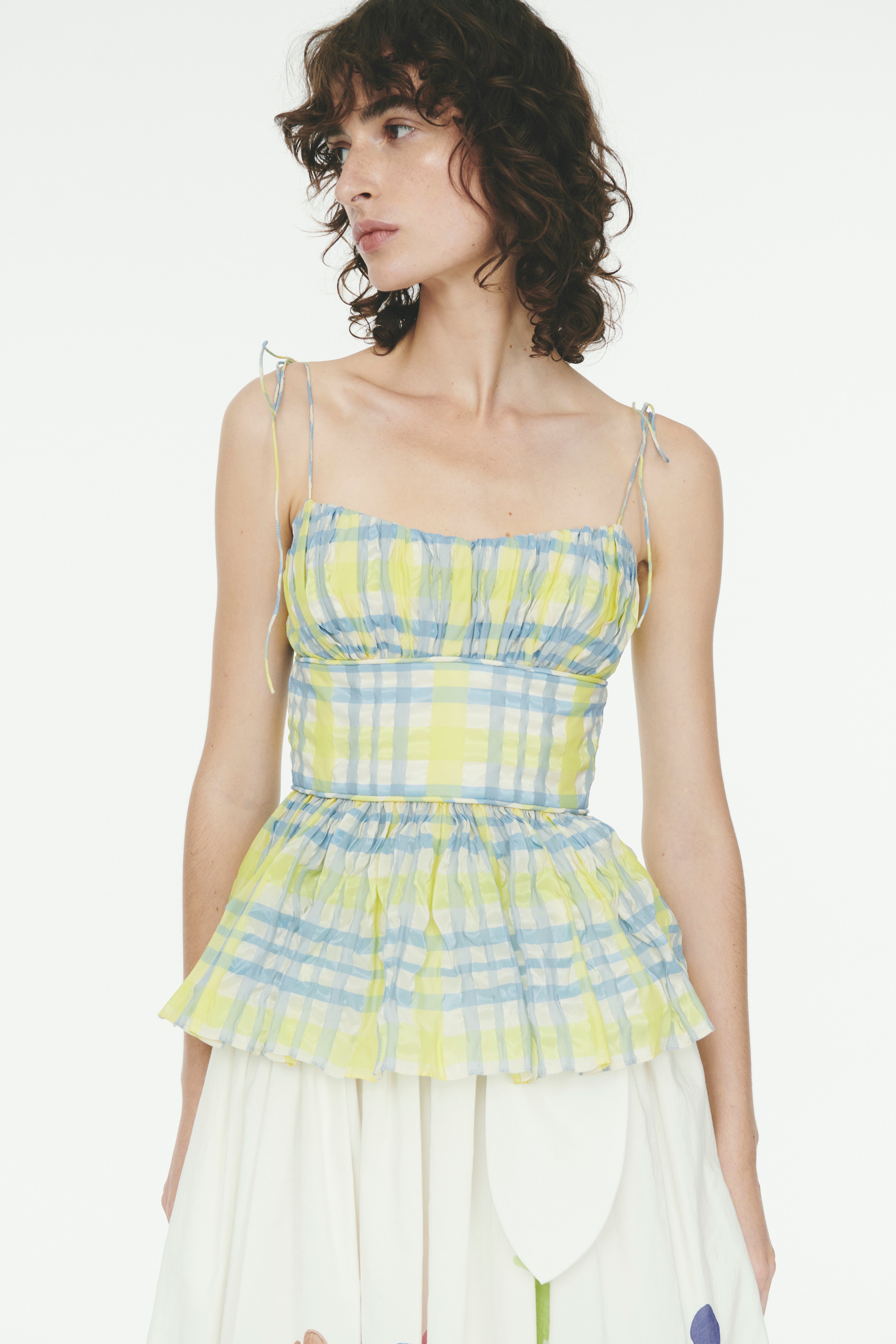 Ruched and Tucked Bodice Aqua Yellow Rosie Assoulin