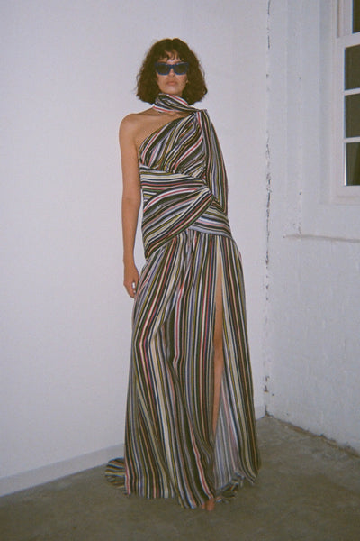 One Shoulder Accordion Gown in Multi Stripe