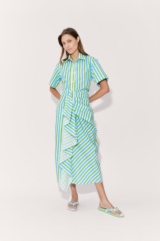 Rosie Assoulin Women's Gathered Ruffle Shirt Dress, Blue/Green Stripe, Cotton | Size: 8 | St. Bernard Rosie Assoulin Women's Gathered Ruffle Shirt Dress, Blue/Green Stripe, Cotton | Size: 8 | St. Bernard