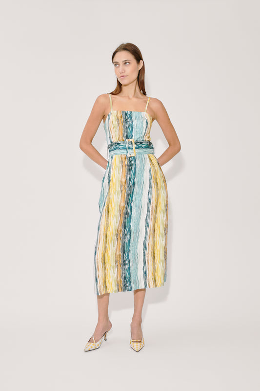 Artichoke Dress w/ Belt in Stripe Twill