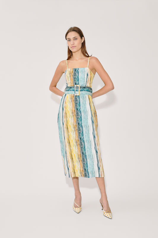 Artichoke Dress w/ Belt in Stripe Twill