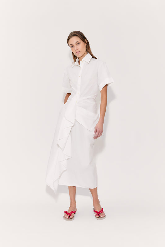 dress shirt ruffles Gathered Ruffle Shirt Dress in Cotton Poplin White / 6