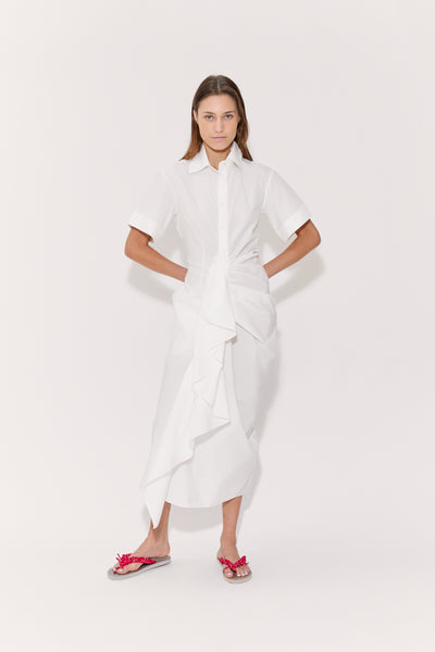 Gathered Ruffle Shirt Dress in Cotton Poplin White / 6 Gathered Ruffle Shirt Dress in Cotton Poplin White / 6