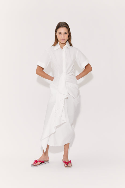 Gathered Ruffle Shirt Dress in Cotton Poplin