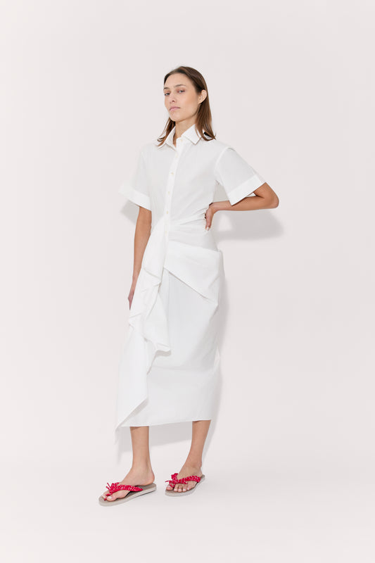 Gathered Ruffle Shirt Dress in Cotton Poplin – Rosie Assoulin Gathered Ruffle Shirt Dress in Cotton Poplin – Rosie Assoulin