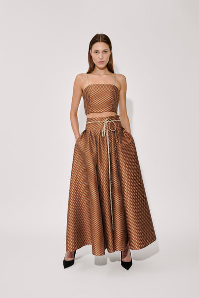 Tie Full Pleated Skirt in Dot Jacquard Mikado