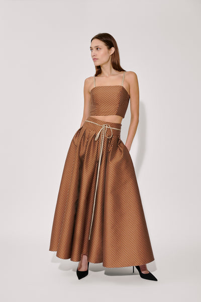Tie Full Pleated Skirt in Dot Jacquard Mikado