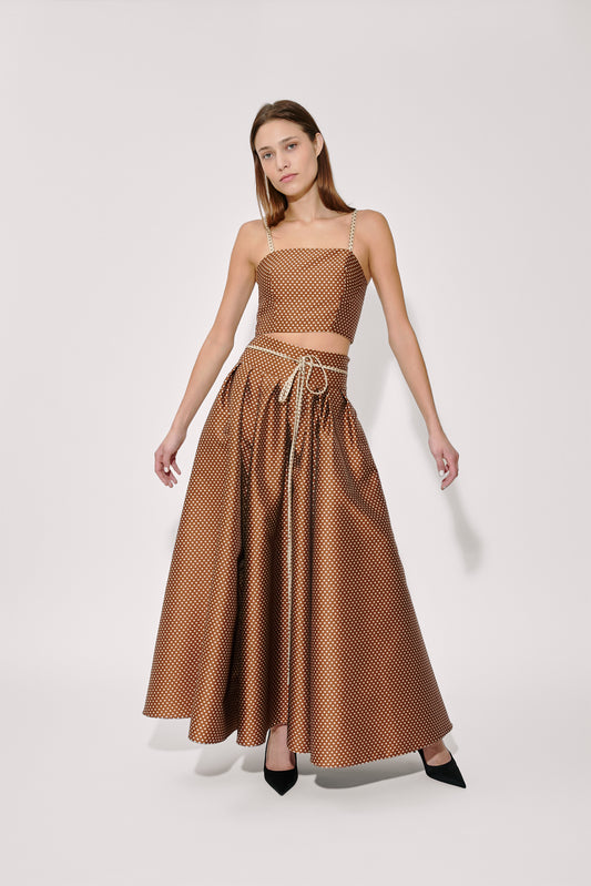 Tie Full Pleated Skirt in Dot Jacquard Mikado Tie Full Pleated Skirt in Dot Jacquard Mikado