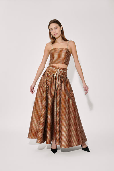 Tie Full Pleated Skirt in Dot Jacquard Mikado