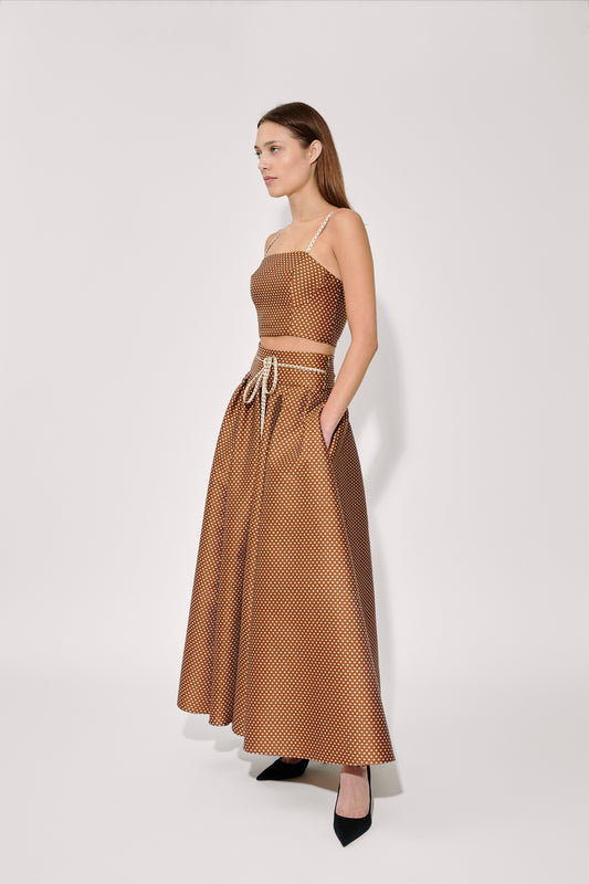 rosie assoulin brown dress Rosie Assoulin Golden Afternoon Striped Linen Midi Dress in Brown