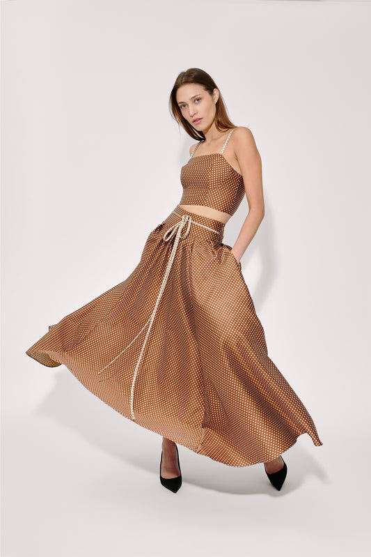 rosie assoulin brown dress Rosie Assoulin Polka Dot Halterneck Midi Day Dress in Brown