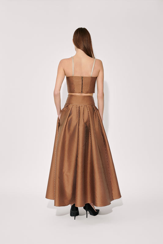 Tie Full Pleated Skirt in Dot Jacquard Mikado