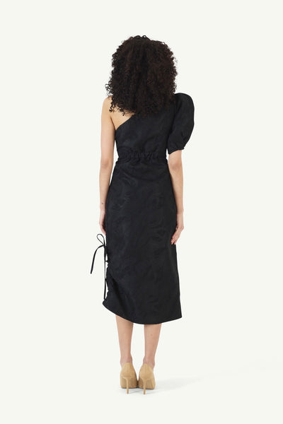 One Shoulder Puff Sleeve Dress in Textured Jacquard