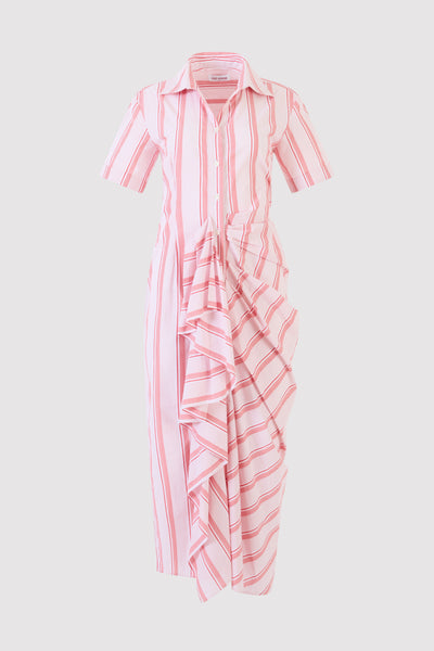 Gathered Ruffle Shirt Dress in Men's Shirting Red Stripe