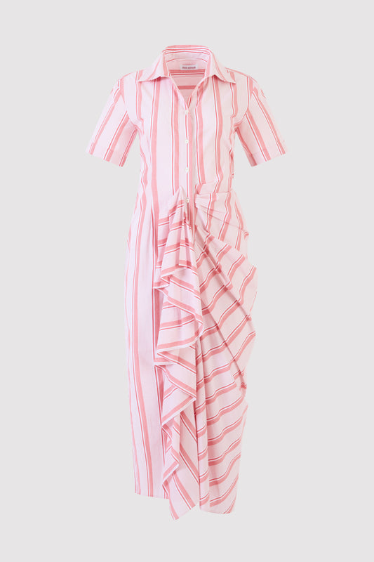 Gathered Ruffle Shirt Dress in Men's Shirting Red Stripe