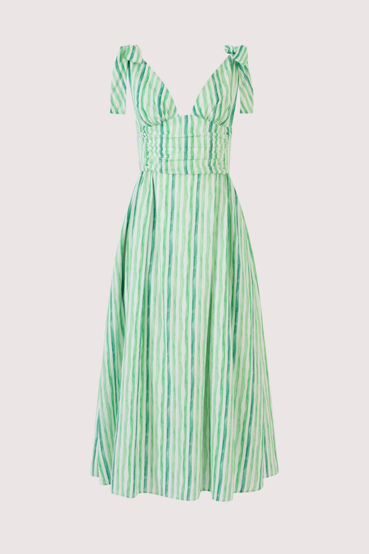Bow Shoulder Dress in Watercolor Stripe Linen