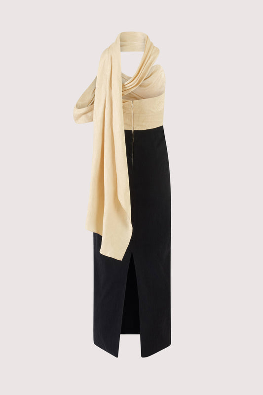 Burbling Stream Scarf Dress in Malta Linen Jacquard Buttercream / 12