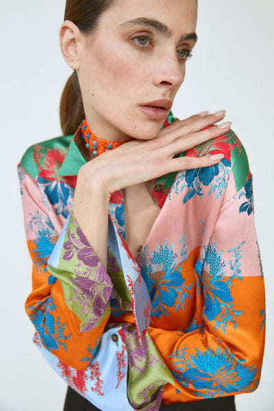 French Cuff Button Up in Hibiscus Jacquard Silk Stripe