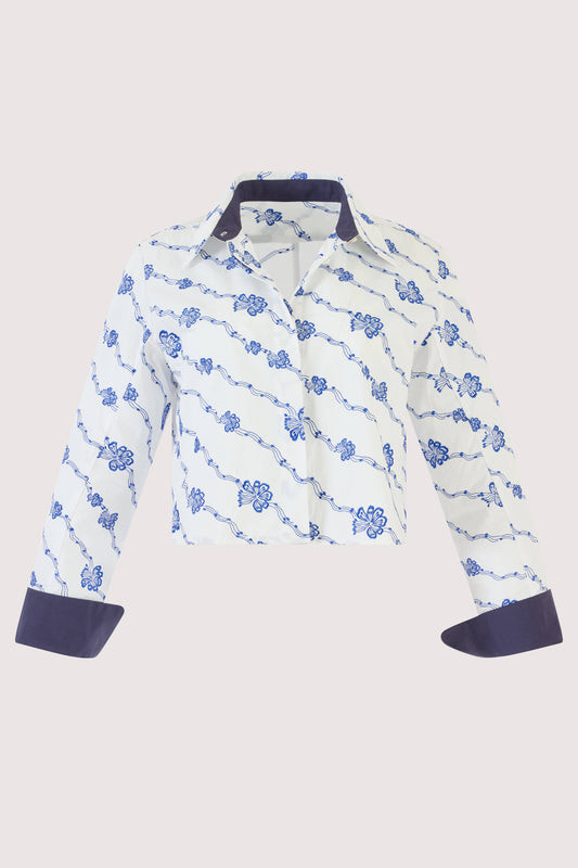 Cropped Button Down in Winding Vines Embroidered Poplin