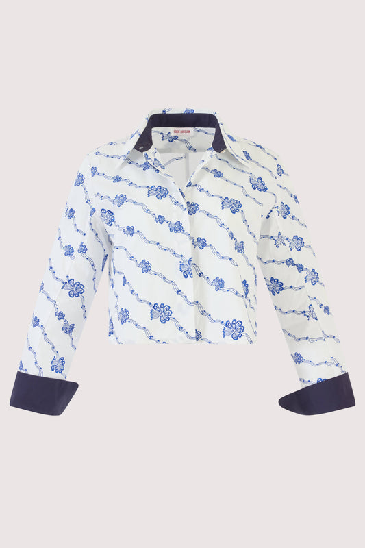 Cropped Button Down in Winding Vines Embroidered Poplin