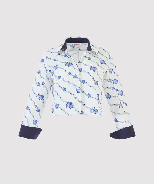 Cropped Button Down in Winding Vines Embroidered Poplin