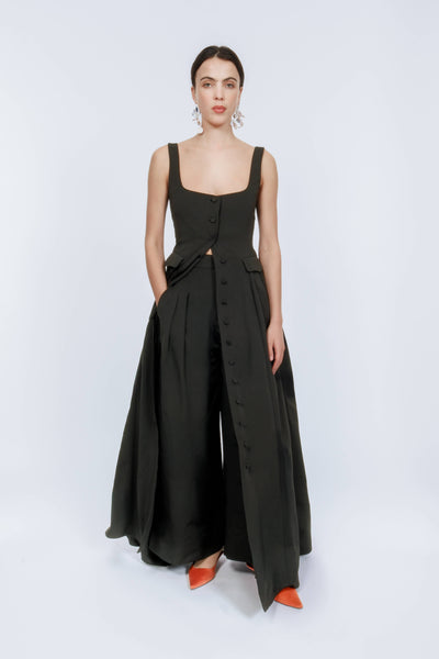 Wide Leg Pleat Pleat Pants in Cotton Grosgrain
