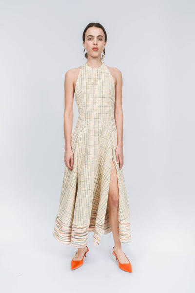 Full Sweep Halter Dress in Spaced-Dyed Check Silk