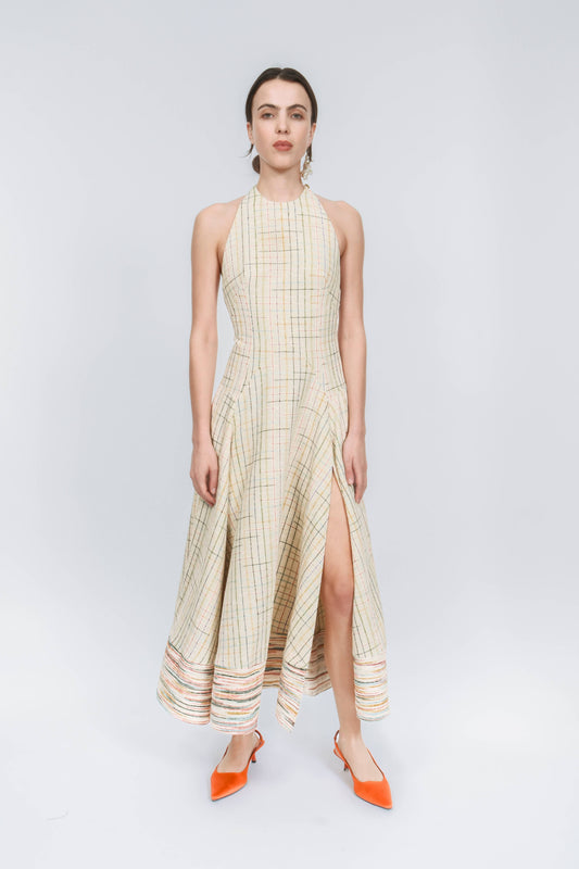 Full Sweep Halter Dress in Spaced-Dyed Check Silk