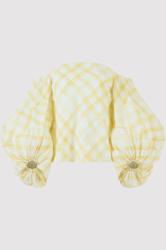 Balloon Sleeve Top in Watercolor Gingham on Lyocell Linen