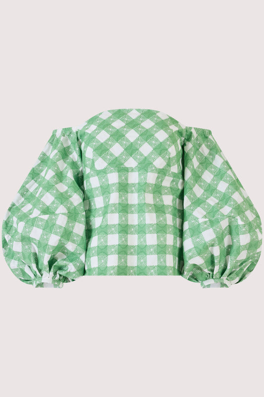 Empire Balloon Sleeve Top in Picnic Embroidered Gingham