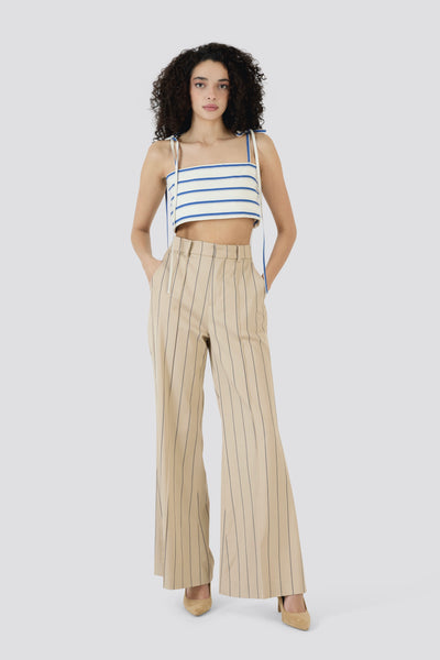 Paneled & Piped Flare Pant in Viscose Pinstripe