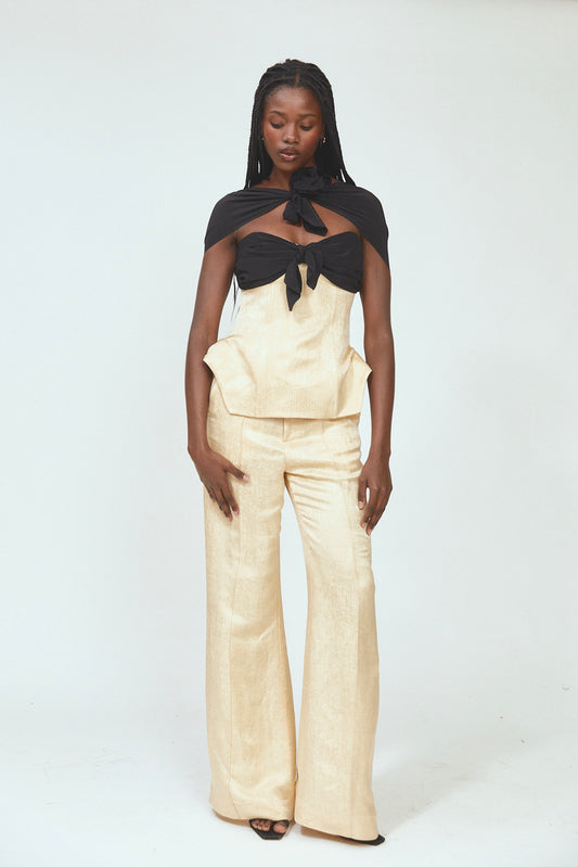 Paneled & Piped Flare Pant in Malta Linen Jacquard