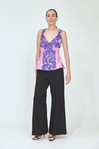 Paneled & Piped Flare Pant in Ridged Linen