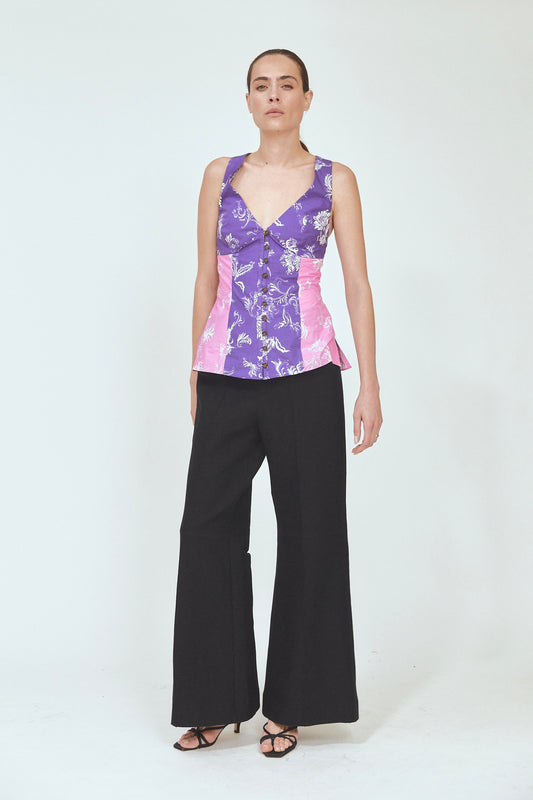 Paneled & Piped Flare Pant in Ridged Linen