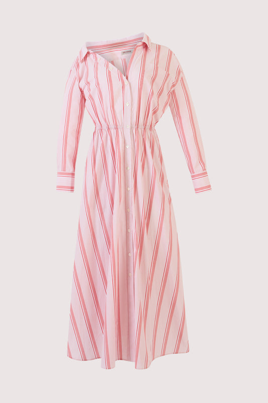 Falling Off the Shoulder Dress in Men's Shirting Red Stripe